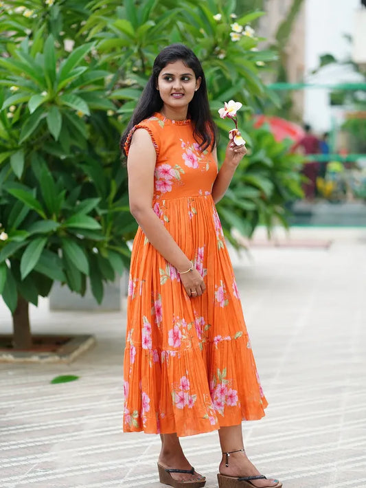 Orange Floral Tiered Midi Dress
