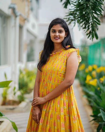 Sunshine Yellow Floral Tiered Midi Dress