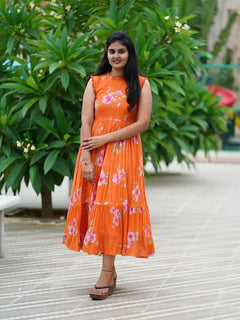 Orange Floral Tiered Midi Dress