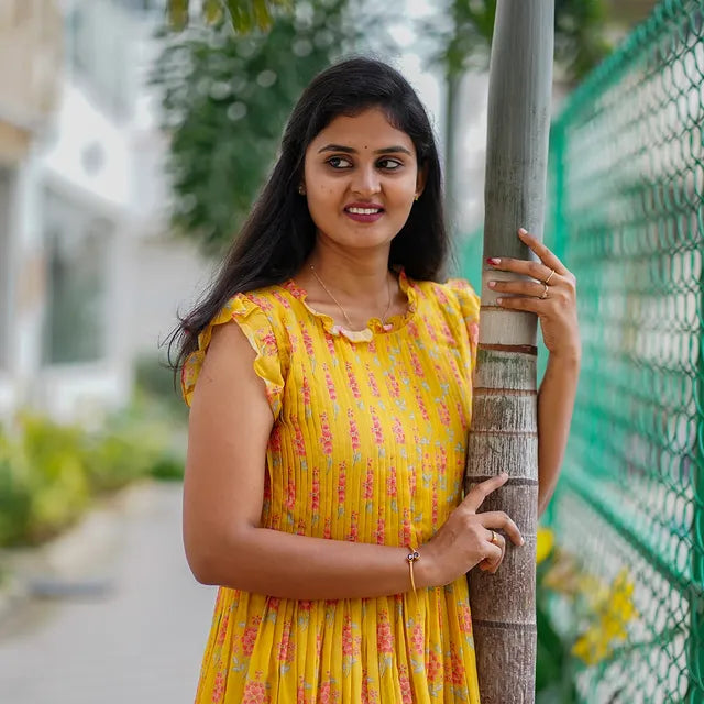 Sunshine Yellow Floral Tiered Midi Dress