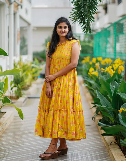 Sunshine Yellow Floral Tiered Midi Dress