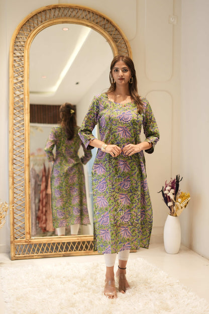 Olive Green Printed Straight Kurta