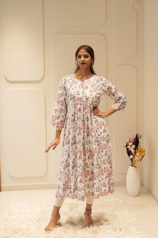 Ivory Floral Printed Anarkali Kurta
