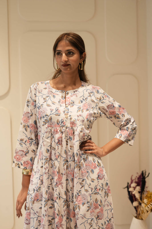 Ivory Floral Printed Anarkali Kurta