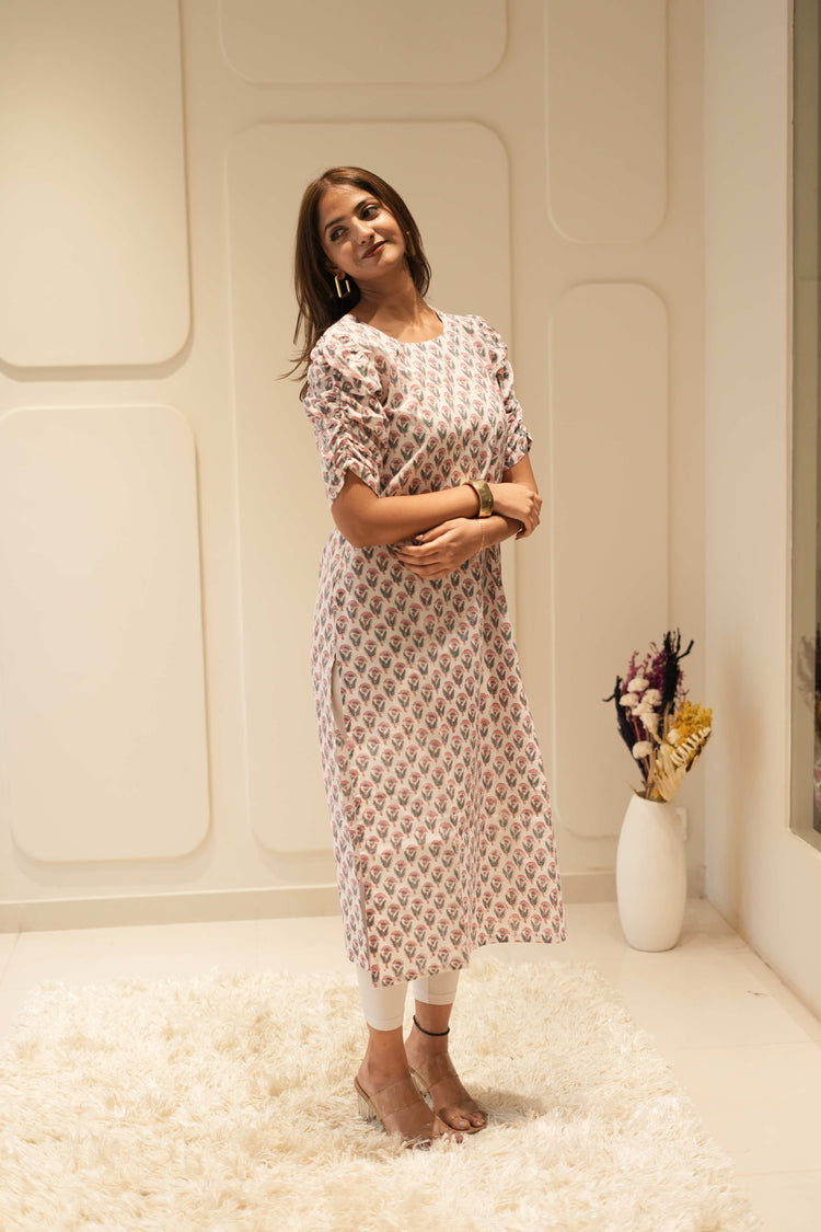 Ivory & Blush Buta Printed Straight Kurta with Puff Sleeves