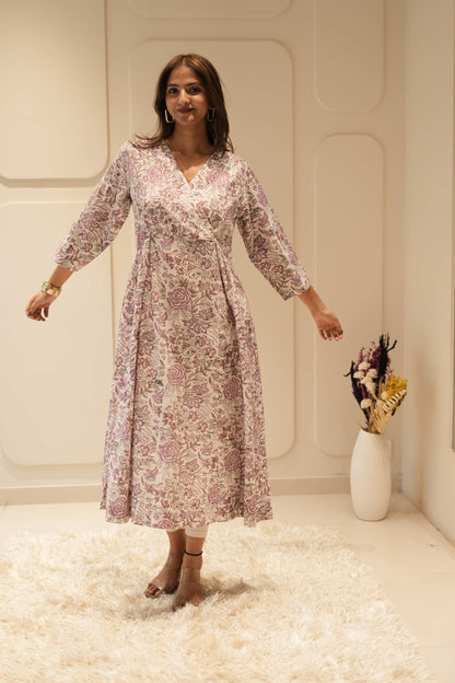 Lilac Floral Wrap-Style Anarkali Kurta